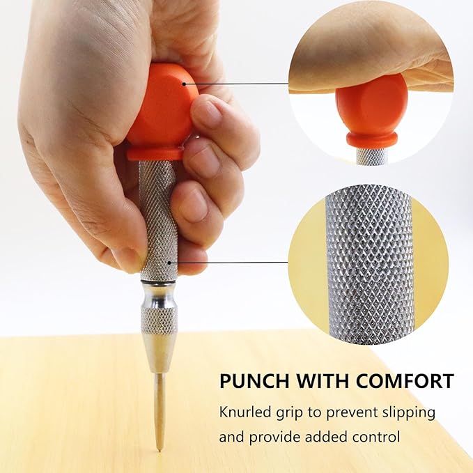 2-Pieces Automatic Center Punch, 5 Inch Adjustable Impact Hole Punch Metal Punch, Spring Loaded Center Punch Tool with Palm Cushion Cap for Wood Metal Leather