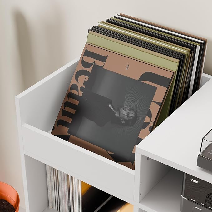 Cozy Castle Large Record Player Stand, Vinyl Storage Cabinet Mid Century Modern Turntable Stand Media Console Table Open Shelf Cube CD Album Holder Organizer for Living Room, Office, White