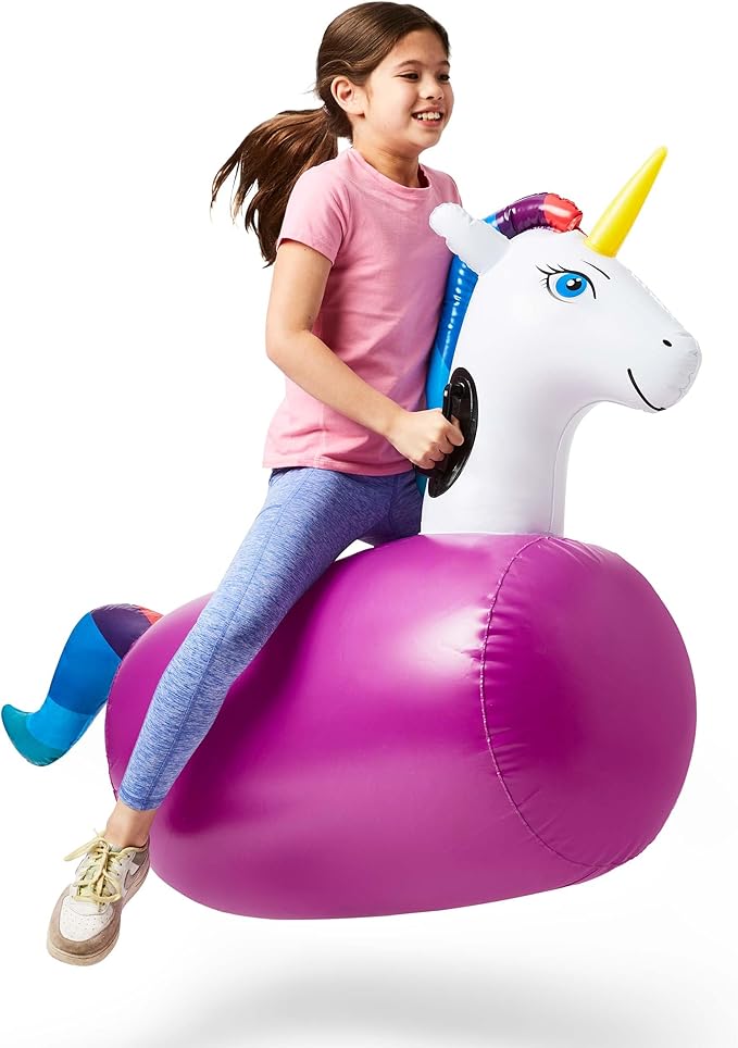 Hearthsong Hop N Go Inflatable Unicorn Riding Bouncy Hopping Toys for Kids Ages 5+ - Ride On Bouncer Animal Hopper Jumping Toys for Outdoor Games