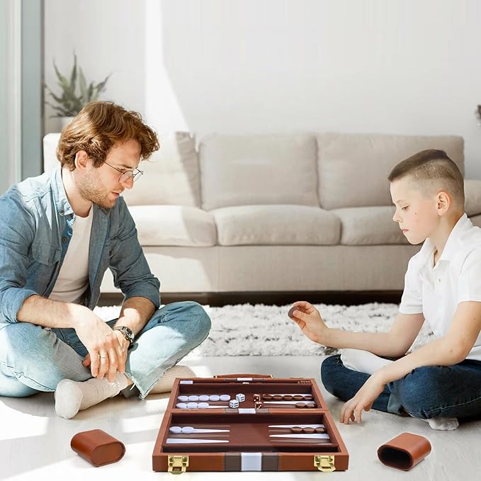 Backgammon Set 2 Players Classic Backgammon Sets for Adults Board Game with PU Leather Case Portable and Travel Backgammon Set (Brown, 11inch)