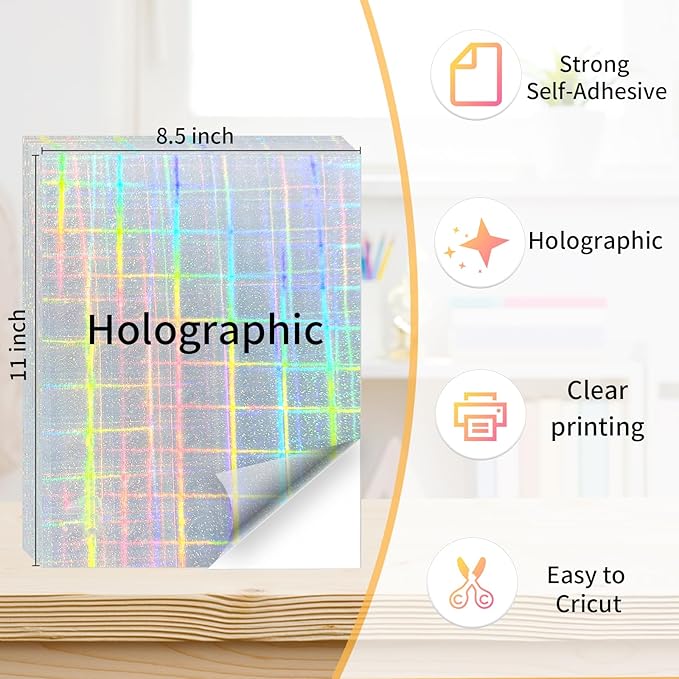 Printable Sticker Paper, 20 Sheets Printable Holographic Sticker Paper, Laser/Inkjet Printing- Holographic, Letter Size (8.5" x 11")