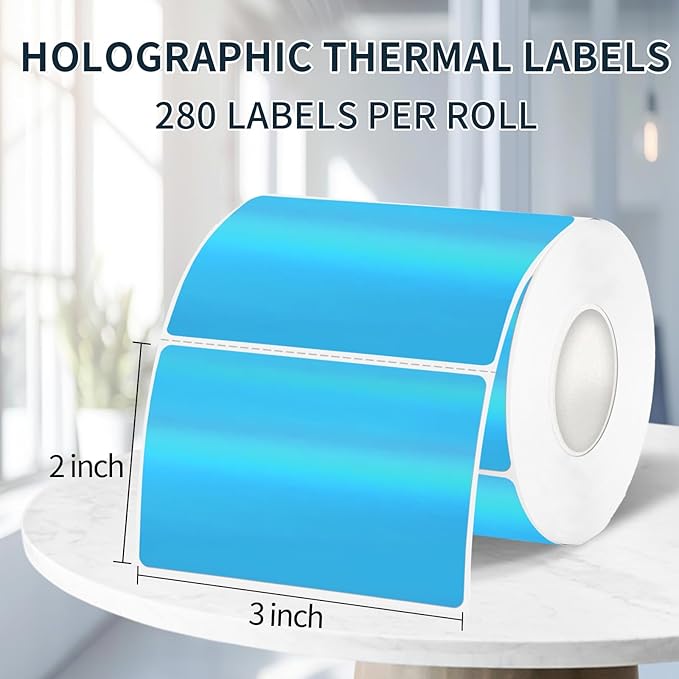 2" x 3" Holographic Thermal Label Stickers Blue,Printable Rainbow Glitter Thermal Printer Sticker Labels for Gift Wrapping, Self-Adhesive Name Price Tag DIY Custom Logo Design (280 pcs)
