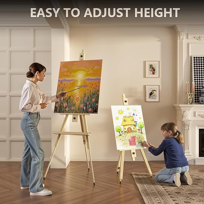 Tripod Easel for Painting, Art Wooden Easel Stand for Adults or Students, Hold 1 or 2 Canvas up to 60’’, Display Portable Easel for Drawing, Landscape Artist, Wedding Sign, Pine