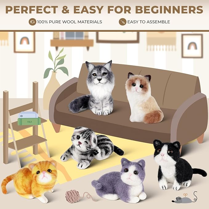 MOREJMTT Needle Felting Kit, 6 PCS Animal Needle Felting Beginner Kits, Wool Felt Needle Felting Tools Foam Pad, Craft Party Supplies for Beginners Adult(Cat Family)