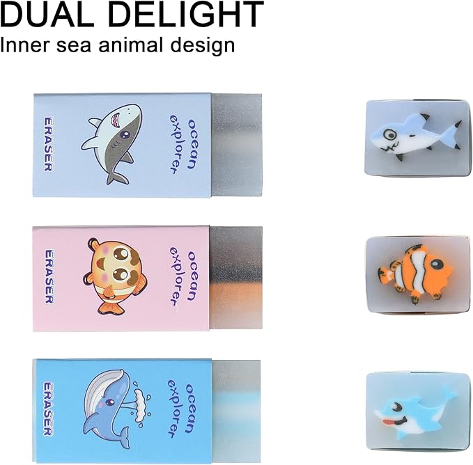 HILAZA 18Pcs Cute Sea Animal Erasers for Kids Bulk, Kawaii Fun Pencil Jelly Erasers for School Classroom Supplies Prize Gifts Party Favors