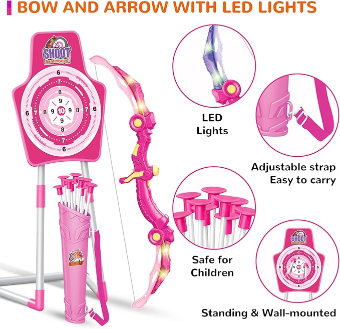 GMAOPHY 2 Pack Bow and Arrow Toy for 5 6 7 8 9 10 11 12 Year Old Boys, Birthday for Kids, Indoor Outdoor Sport Games Toys for Ages 4-8 8-12, LED Light Up Archery Set with 20 Toy Arrows (Pink)
