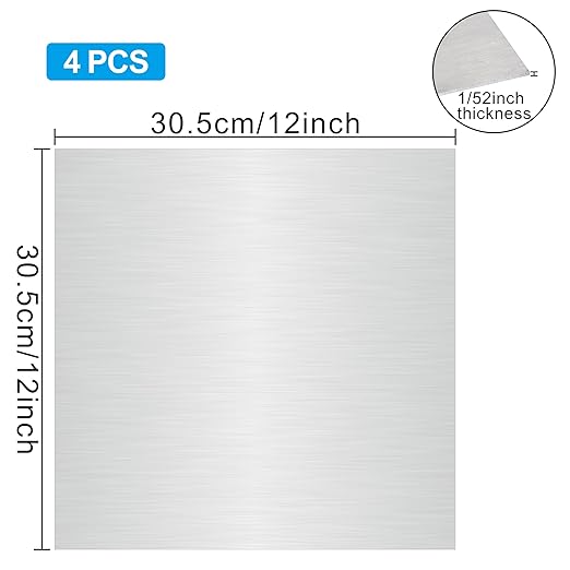 4PCS 12"x12"x1/52 Stainless Steel Metal Plates for Magnetic Mount Board Wall,Tickness 05.mm 430 Stainless Steel Shim Stock Plates for Crafting, Kitchen, Office