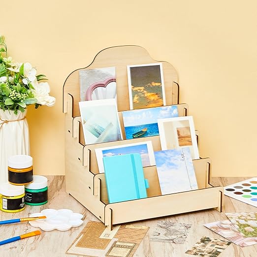 Barydat 2 Pcs 4 Tier Greeting Card Display Stand Wooden Sticker Display Stand Portable Card Display Rack for Vendors Retail Counter Table Display Trade Shows Showcase (Wood Color,11.8 Inch)