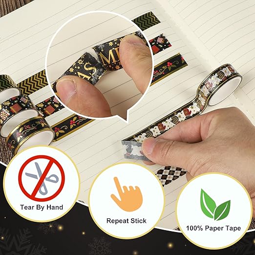 18 Rolls Christmas Washi Tape Holiday Masking Tape Black Christmas Wrapping Tape Glod Silver Foil Decorative Tape for Christmas Scrapbook Journal DIY Craft Gift Wrapping（Xmas Black