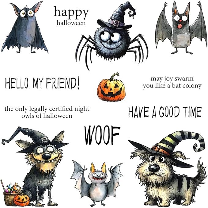 Halloween Clear Silicone stampReusable Stamp with Pumpkins, Skulls, Bats, Santa Claus, and Holiday Designs. Used for Making Cards, scrapbooks, and DIY templates (Halloween Bat Puppy)