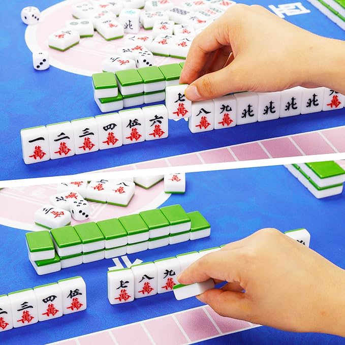 Chinese Mahjong Tile Set,144 Tiles White Green Melamine Tiles with Carrying Travel Case,Portable Mahjong Game Set
