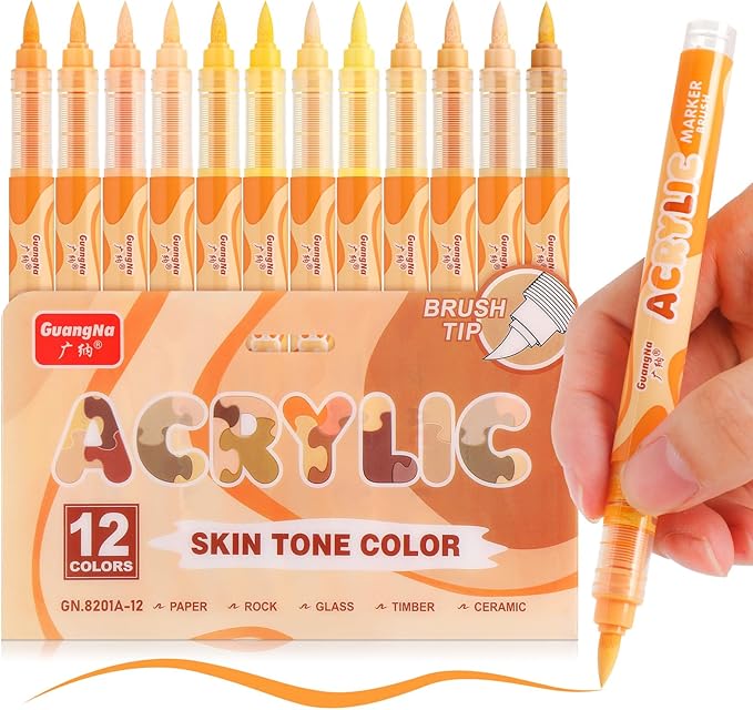 Guangna Acrylic Paint Markers 12 Colors, Skin Tone Series Set with Soft Brush Tip Water Based, Fine Tip Markers for Wood, Canvas, Rock Painting, Glass, Diy Crafts, Fabric Paint