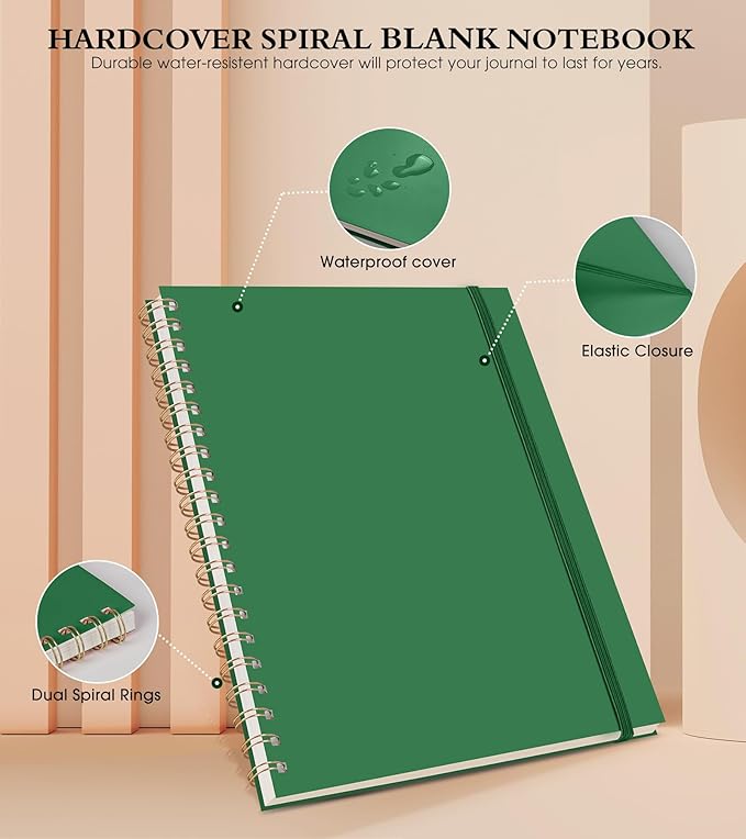 Blank Spiral Notebook Journal 8.5” x 11”, A4 Large Sketch Book for Women Men, 100 GSM Blank Paper Drawing Notebook, Plastic Hardcover Spiral Bound Sketchbook for Sketching Work School Writing, Green