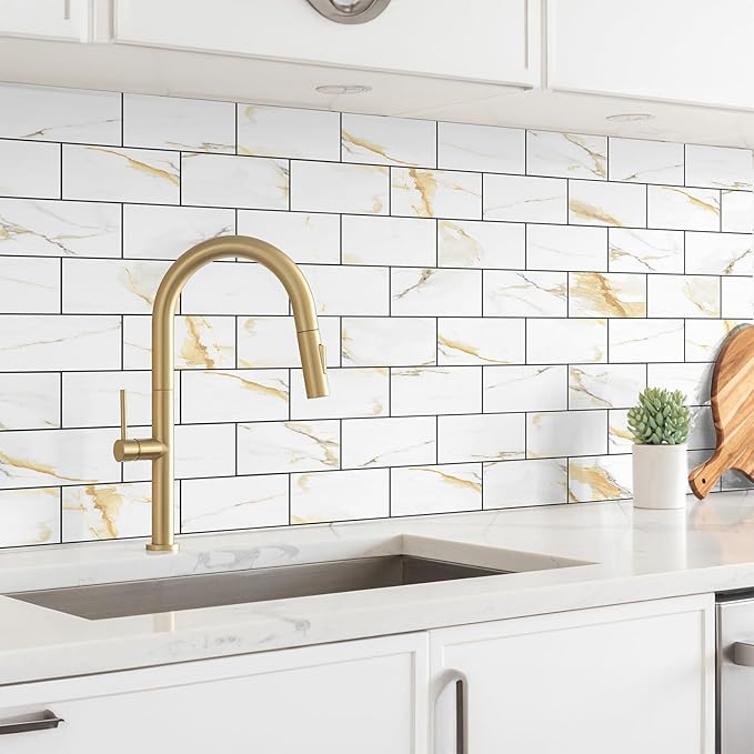 100 Pieces Peel and Stick Backsplash for Kitchen, 3" x 6" PVC Subway Tile Upgraded Calacatta Gold with Dark Gray Grout Backsplash Stick on Tile Elevate Kitchen, Bathroom, Fireplace,RV