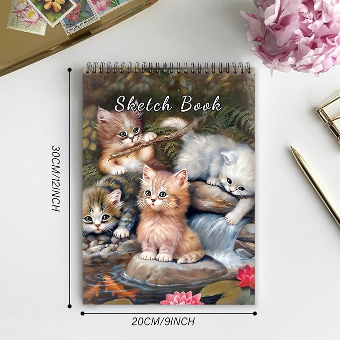 Cabreche Cute Sketchbook Top Spiral Bound Sketch Pad, 9 x 12 inch,100GSM Thick Paper,50 Sheets 100 Pages,Art Sketch Book Artistic Aesthetic Writing Drawing Paper for Girls Women Artists Beginners-Cat