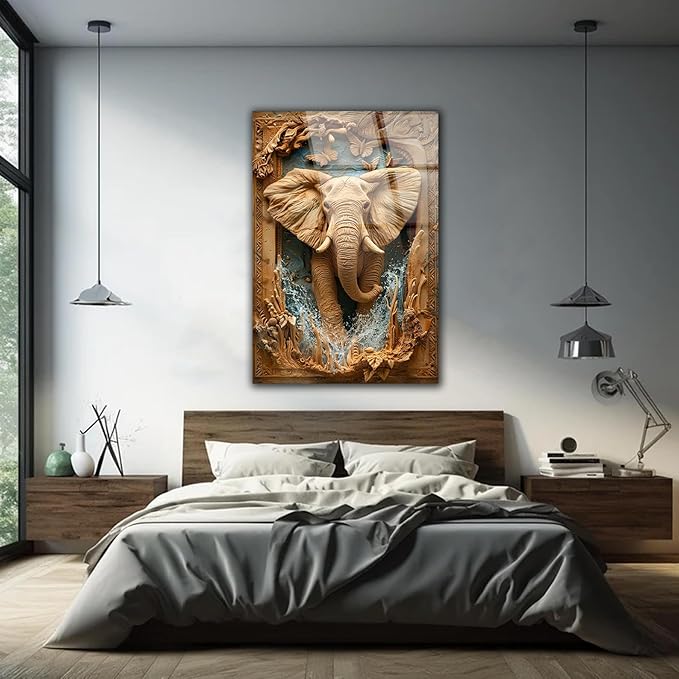 SpiritualHands Rustic Elephant Printed Tempered Glass Wall Art Painting for Living Room, Tempered Glass Modern Prints Decor, Large Vivid Color Panel for Bedroom, Kitchen, or Office