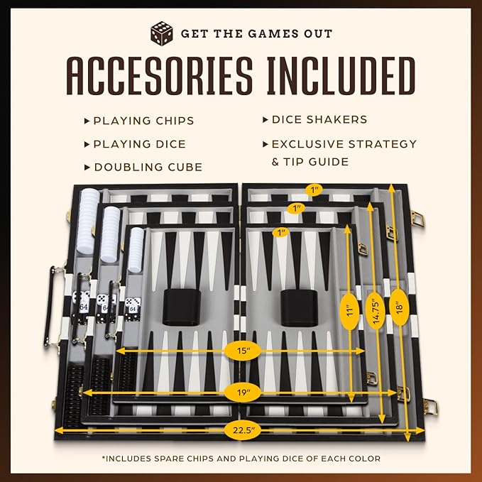 Get The Games Out Backgammon Set, Classic Board Game Case, 2 Players, Includes Strategy & Tip Guide, Perfect for Parties and Family Game Nights - Large, Black
