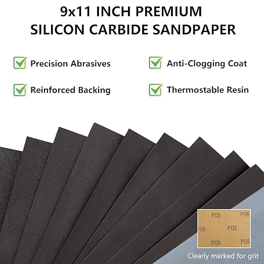 220 Grit Sandpaper, 9 x 11 Inch Wet Dry Sand Paper Hand Abrasive Sanding Sheets for Wood Metal Automotive Sanding and Polishing - 10 Sheets