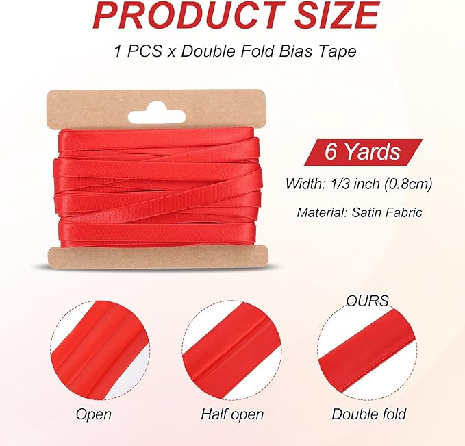 MECCANIXITY Double Fold Bias Tape for Sewing 1/3 Inch x 6 Yards Satin Pre-fold Continuous Binding Tape for Seaming Quilting Hemming Binding DIY Crafts, Red