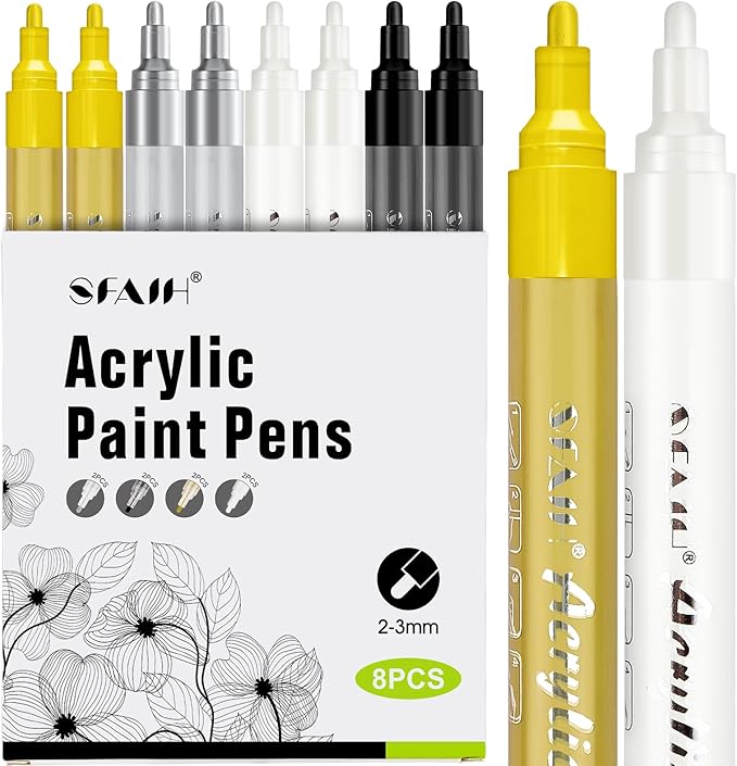 SFAIH Paint Markers Pens - 4 Colors 8 Pack Ultra-High Coverage Acrylic Paint Pens for Rock, Paper, Wood, Fabric, Glass, Metal, Ceramic, Painting, DIY Art Projects, Crafts, Large Capacity Permanent Ink