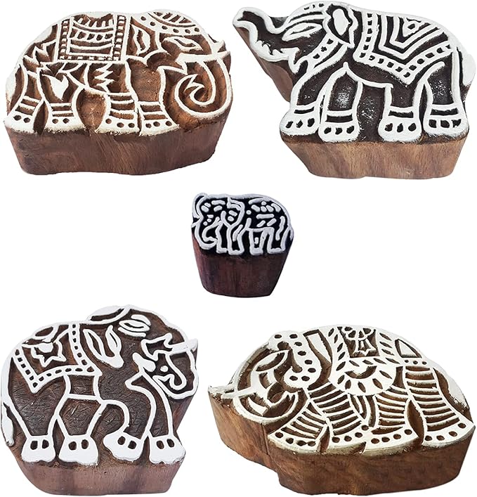 Royal Kraft Elephant Wooden Printing Stamps (Set of 5) - DIY Henna Fabric Textile Paper Clay Pottery Blocks Htag2201