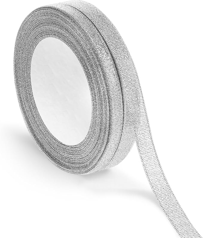 3/8 Inch Silver Glitter Ribbon 50yard (2rolls) Sparkly Metallic Fabric Ribbons Silver Organza Shimmer Sheer Ribbon for Gifts DIY Party Wrapping Wedding Decoration and Crafts