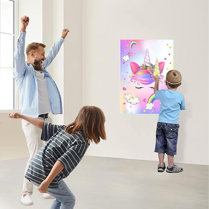 ASTARON Pin The Horn on The Unicorn Game for Kids Birthday Party, Unicorn Party Game with 30 pcs Horn Stickers Birthday Party Supplies for Wall Home Room Decorations