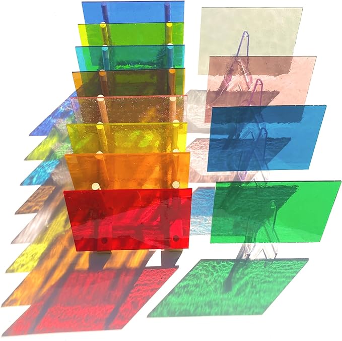 ILLUCKAI 12 Sheets Transparent Stained Glass Sheet Rainbow Colors, 6 x 4 inch Stained Glass Supplies Mosaic Glass Tiles for Stained Glass Artwork Mosaic Crafts