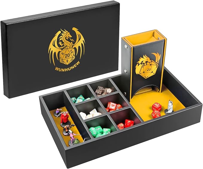 DND Dice Tray & Tower Storage Box, 4 in 1 D&D Dice Holder Case (Dice Rolling Tray, Dice Roller Tower, Dice & Miniature Storage), Great RPG Accessories Gifts for Dungeons and Dragons MTG DM & Player