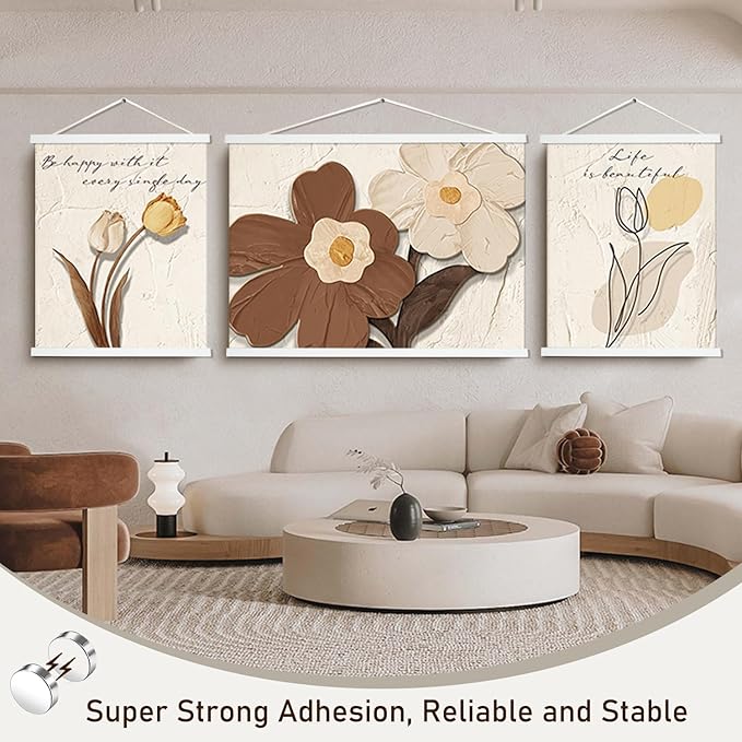 Artmag Magnetic Poster Hanger Frame, 13x19 13x22 13x24 Light Wood Wooden Magnet Canvas Artwork Print Poster Hangers Frames Hanging Kit (White, 13")