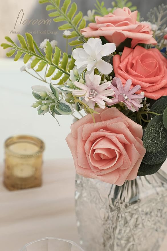 Floroom Artificial Flowers 25pcs Real Looking Coral Ombre Colors Foam Fake Roses with Stems for DIY Wedding Bouquets Bridal Shower Centerpieces Floral Arrangements Party Tables Home Decorations