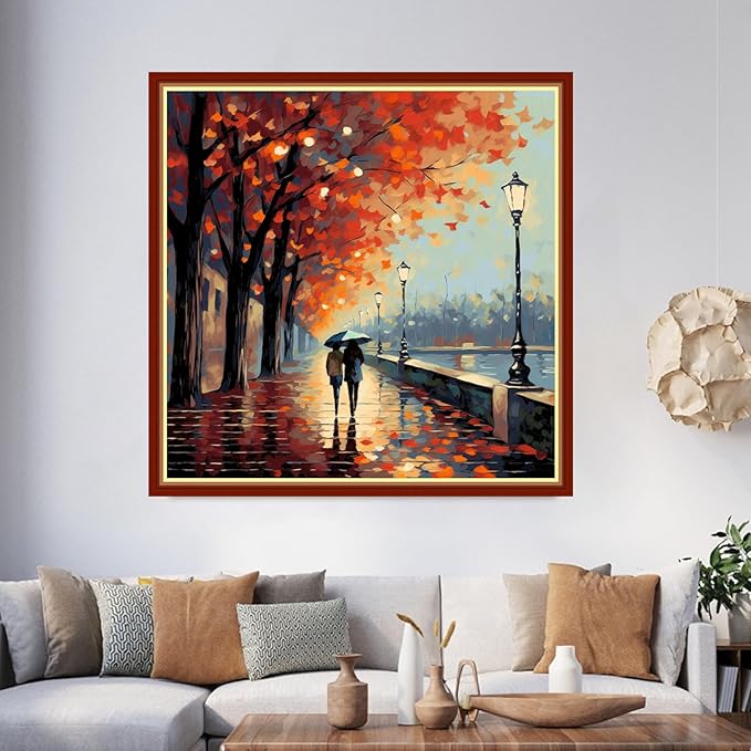 Foxhool Beginners Cross Stitch Kits Stamped Full Range of Embroidery Kits for Adults DIY Cross Stitches kit Embroidery Patterns for Needlepoint kit-Strolling on a Rainy Night 17.7x17.7 inch