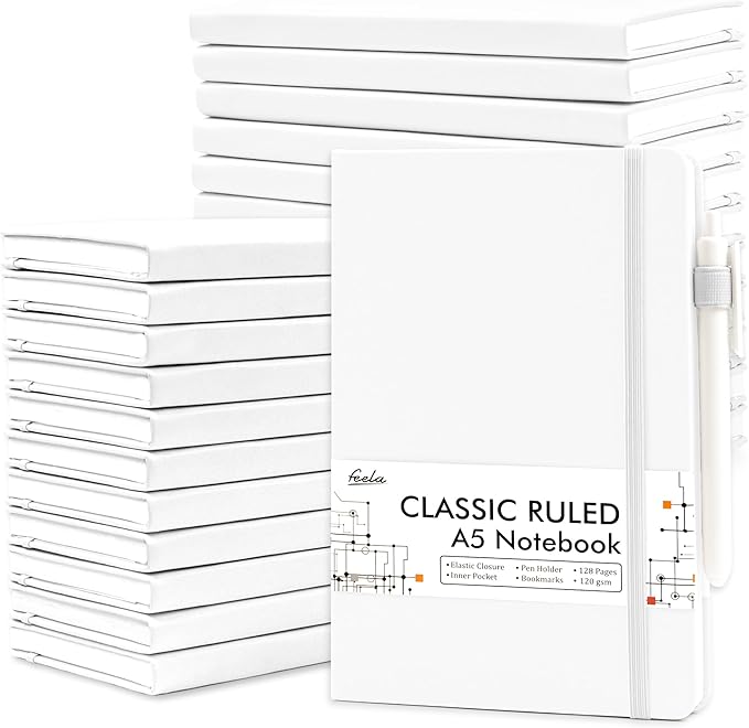 feela College Ruled Notebooks, 24 Pack Business Notebook Hardcover Lined Writing Journal with Pen Holder for Men Women Note Taking, with 24 Black Pens, 120 GSM, 5.1”x8.3”, A5, White