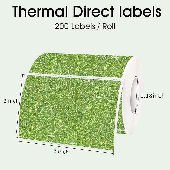 3x2 Inch Holographic Thermal Labels, Glitter Green Thermal Sticker Labels, Waterproof Thermal Printer Stickers for Price, Barcode, Name, Custom Logo Design, 200 Pcs/Roll