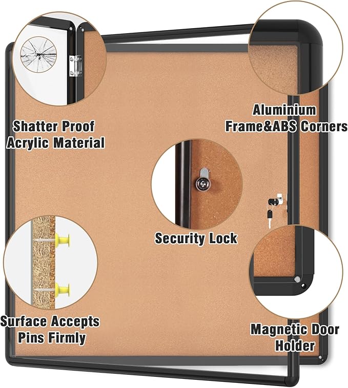 38"x38" Enclosed Bulletin Board, Lockable Weather-Resistant Aluminum Cork Noticeboard for School & Office Hospital, Black Frame w/Cork