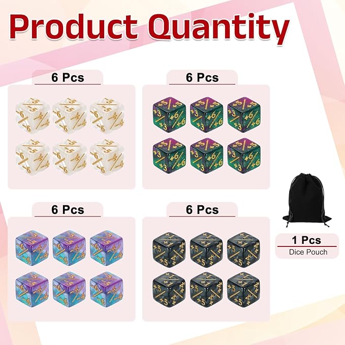 uxcell 24Pcs Magic Dice Counters, Acrylic D6 Life Token Dice Set with Pouch for Standard Cards Gaming Accessories, White Marble, Black Marble, Green & Purple, Blue & Purple