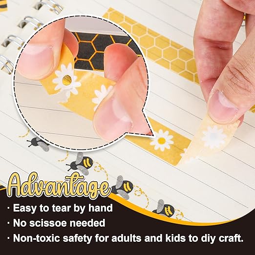 Whaline 12 Rolls Bee Washi Tape Foil Gold Honey Bee Washi Masking Tape 15mm Wide Bumblebee Honeycomb Daisy Print Decorative Adhesive Masking Tape for Scrapbook Gift Wrapping DIY Art Crafts