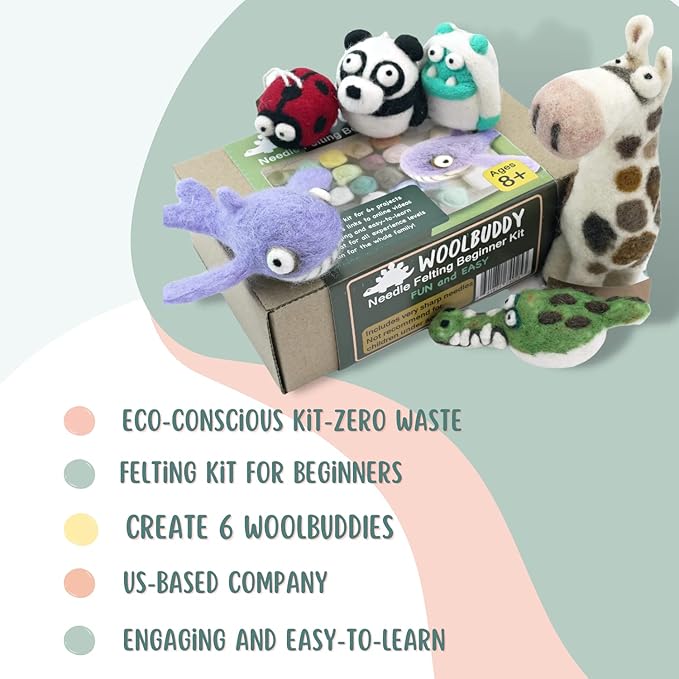 Woolbuddy 𝗡𝗲𝗲𝗱𝗹𝗲 𝗙𝗲𝗹𝘁𝗶𝗻𝗴 𝗦𝘁𝗮𝗿𝘁𝗲𝗿 𝗞𝗶𝘁 𝗳𝗼𝗿 𝗔𝗱𝘂𝗹𝘁𝘀 & 𝗞𝗶𝗱𝘀 – 40 Wool Colors, Core Wool, Felting Supplies, 4 Needles, Pad & Guide – DIY Animal Craft Kit for Creatives
