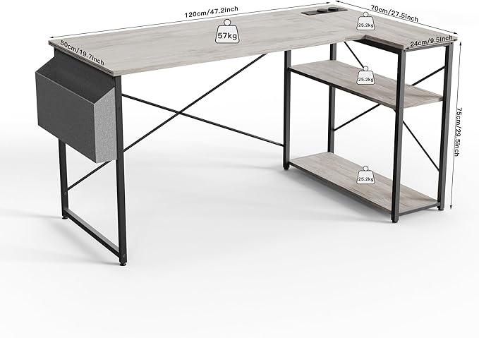 TIQLAB L Shaped Computer Desk with Power Outlets, 47 Inch Gaming Desk, Small Desk Corner Desk with Reversible Shelves, Study Desk Writing Desk for Home Office Bedroom, Work from Home, Beige, Grey