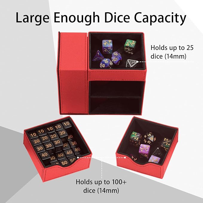 Dice Tray & Dice Tower Storage Box, 3 in 1 Dice Holder Case (Dice Rolling Tray, Rolling Tower, Storage Drawers), Leather Magnetic Closure DND Accessories Gifts for RPG MTG, Red/Black