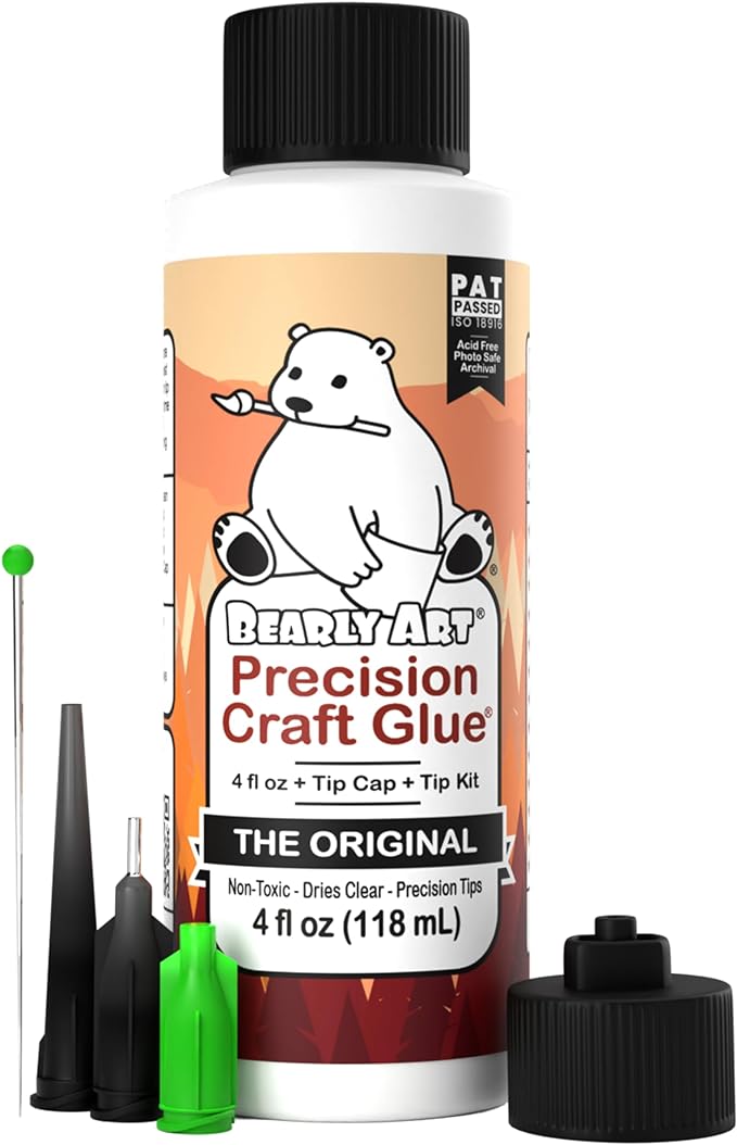 Bearly Art Precision Craft Glue - The Original - 4fl oz - Tip Kit Included - Dries Clear - Metal Tip - Wrinkle Resistant - Flexible and Crack Resistant - Strong Hold Adhesive - Made in USA