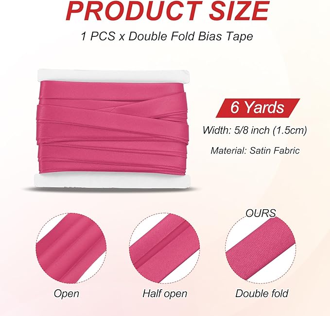 MECCANIXITY Double Fold Bias Tape for Sewing 5/8 Inch x 6 Yards Satin Pre-fold Continuous Binding Tape for Seaming Quilting Hemming Binding DIY Crafts, Rose Red