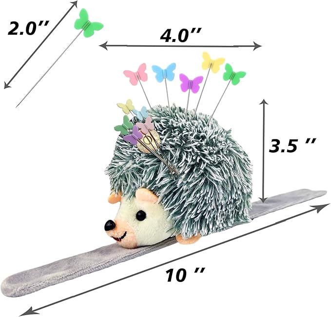 Cute Hedgehog Wrist Pin Cushion for Sewing with Magnetic, Snap Bracelet Wrist Bands for Pins and Needles Include 50 Lovely Butterfly Straight Pins.