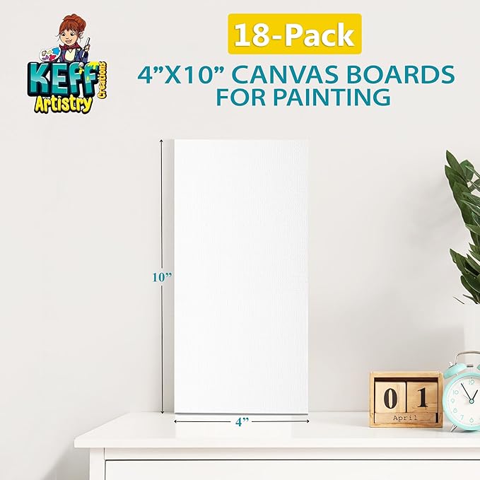 KEFF Canvas Boards for Painting - 4x10 18-Pack Bulk Canvas Panels, 100% Cotton Triple Primed Small Canvases for Painting Supplies, Acrylic, Oil, Watercolor & Tempera