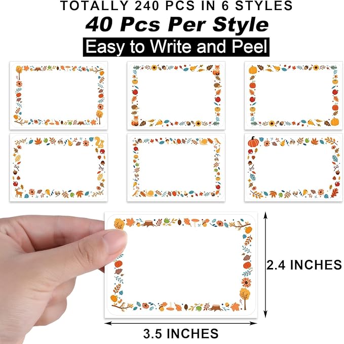 240 Pcs Fall Name Tag Stickers Thanksgiving Name Labels Autumn Pumpkin Maple Leaves Border Gift Tag for Fall Thanksgiving Home Office Party Guests Classroom Supplies, 3. 5 x 2. 4", 6 Styles