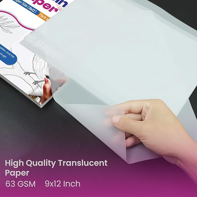 Tracing Paper 9 x 12 Inch - 75 Sheets 41lb/63gsm Transparent Vellum Paper for Sketching, Preliminary Drawing, Drafting & Overlays - Premium Translucent Tracing Paper for Pencil, Marker and Ink