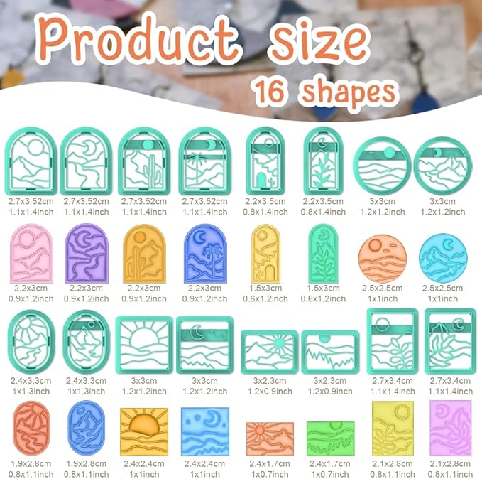 ACRNIGHEET Boho Clay Cutters - 16 Shapes Sun and Moon, Landscape Polymer Clay Cutters for Jewelry, Earring Making Kit With Storage Box