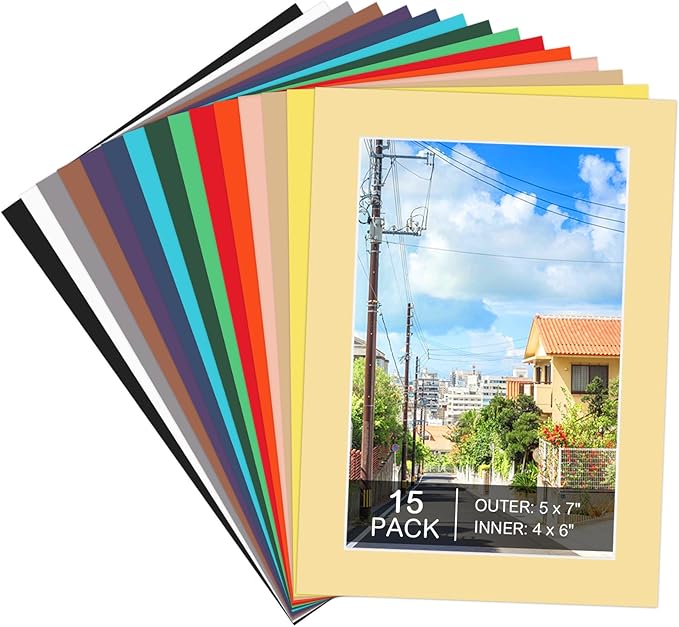 15 Pack 5x7 Picture Mats, Mixed Colors Frame Mattes for 4x6 Pictures Photo Frame Mat Core Bevel Cut Mat Board Show Kit for Photos, Prints, Artworks