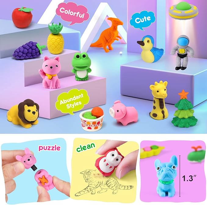 Arscniek 110 Pack Animal Erasers for Kids, Take Apart Mini Pencil Erasers, Desk Pets & Treasure Box Toys, Bulk Party Favors, Stocking Stuffers, Classroom Prizes, School Supplies, Gift for Boys & Girls