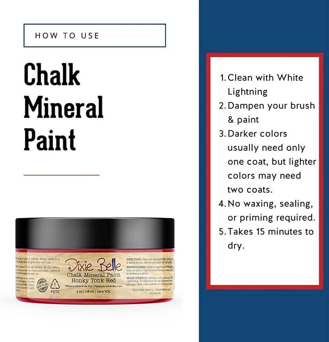 Dixie Belle Paint Company Chalk Finish Furniture Paint - Honky Tonk Red (4oz) - Matte True Red Chic Chalk Mineral DIY Furniture Paint